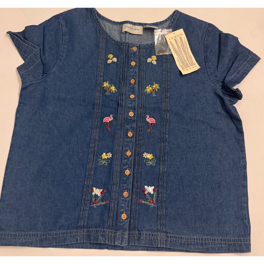 NWT Vtg Lemon Grass Women's Short Sleeve Denim Button Down Shirt Size L Tropical
